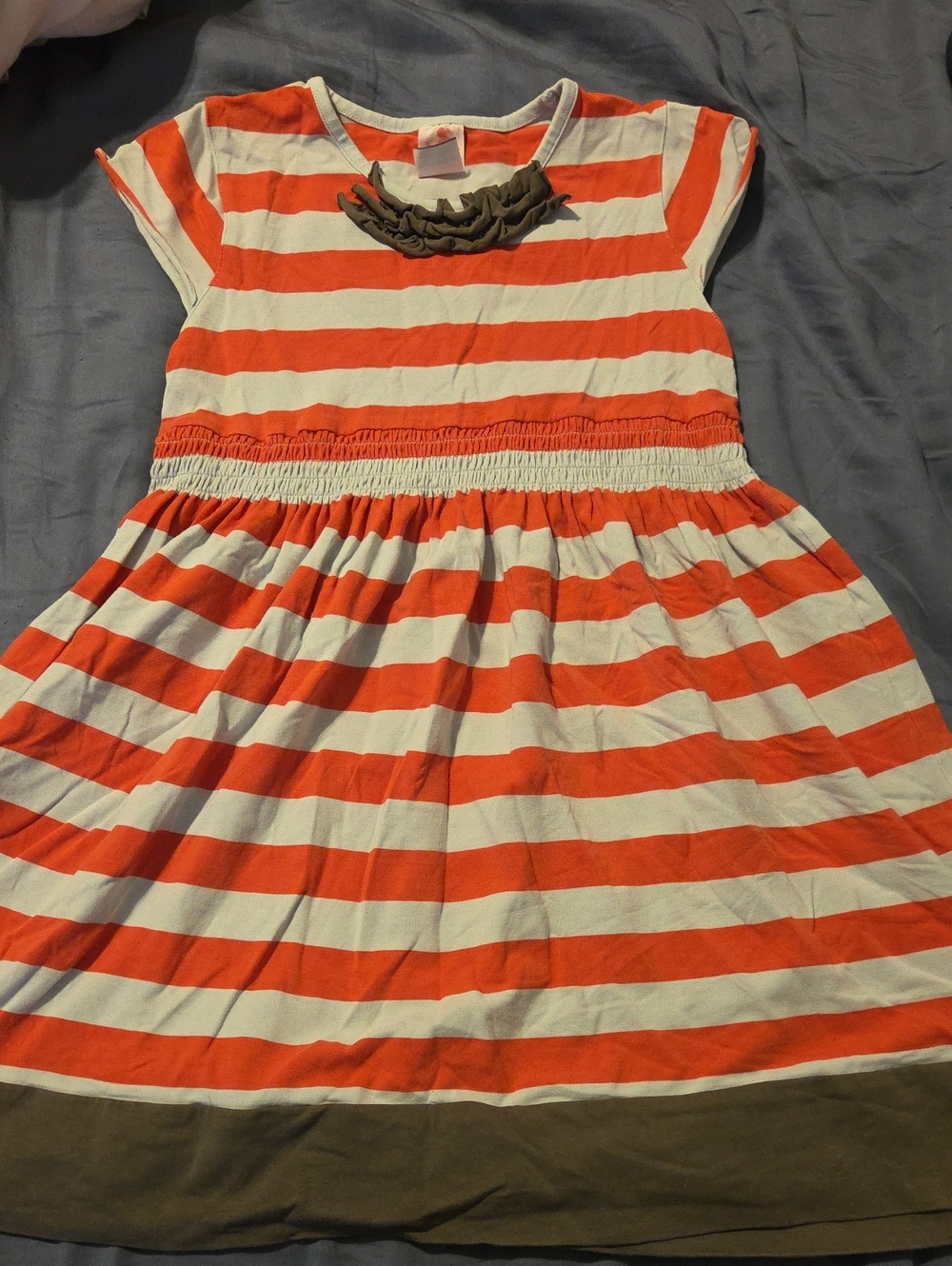 Striped Red and Off White Girls' Dress with Brown Trim